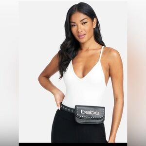 BEBE LOGO GROMMET rhinestones black BELT BAG size L/XL‎ new